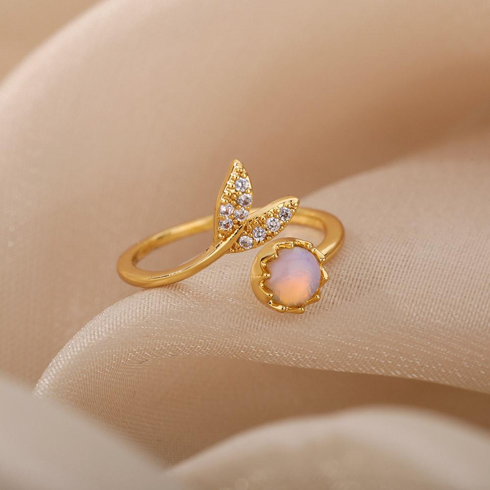 Fashion Leaves Opal Rings For Women Stainless Steel Opal Crystal Stone Leaves Finger Ring Engagement Bohemian Jewelry Gift