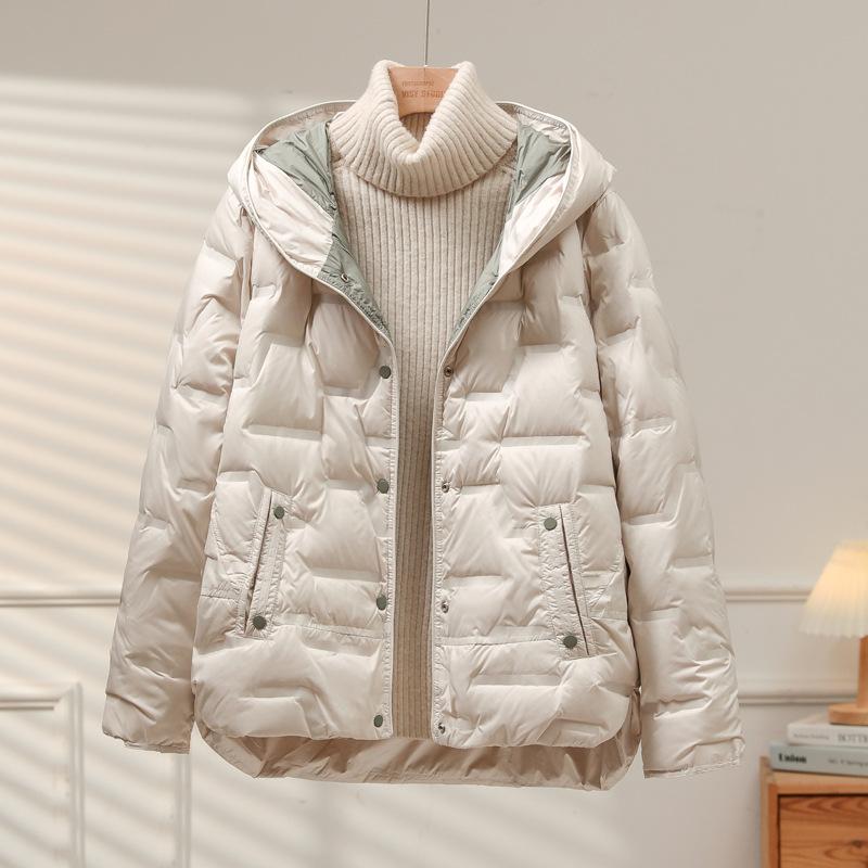 White Duck Down Coat Autumn Winter Women Casual Hooded Single Breasted Jacket Light Puffer Parka Outwear