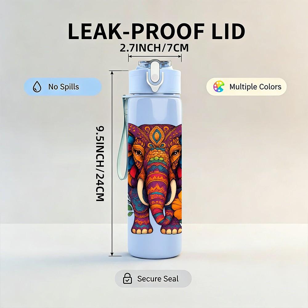 1PC Colorful Floral Elephant 750ml Color Plastic Sports Water Bottle Leakproof Flip Straw Lid Suitable for Sports Office Home Use