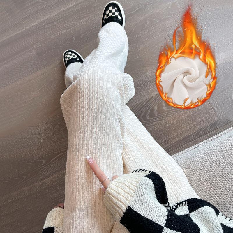 Black Chenier Wide Leg Pants Women's Pants Autumn and Winter Fleece Thickened Straight Pants Casual Skinny Corduroy Pants