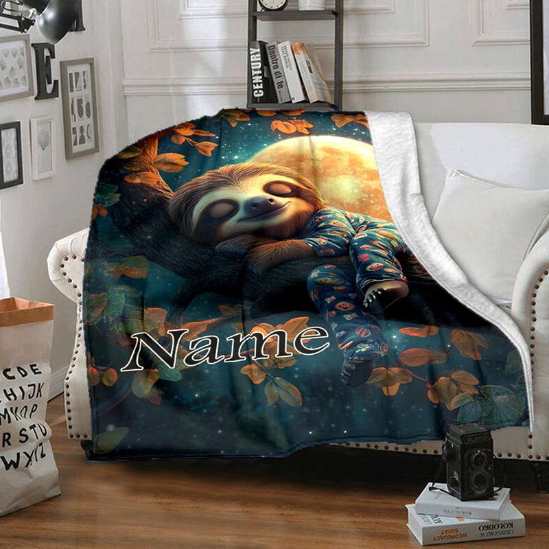 Custom Sloth Blanket Personalized Name Moon Night Fleece Throw All Season Soft Warm Bedding Home Decor Gift for Kids Adults