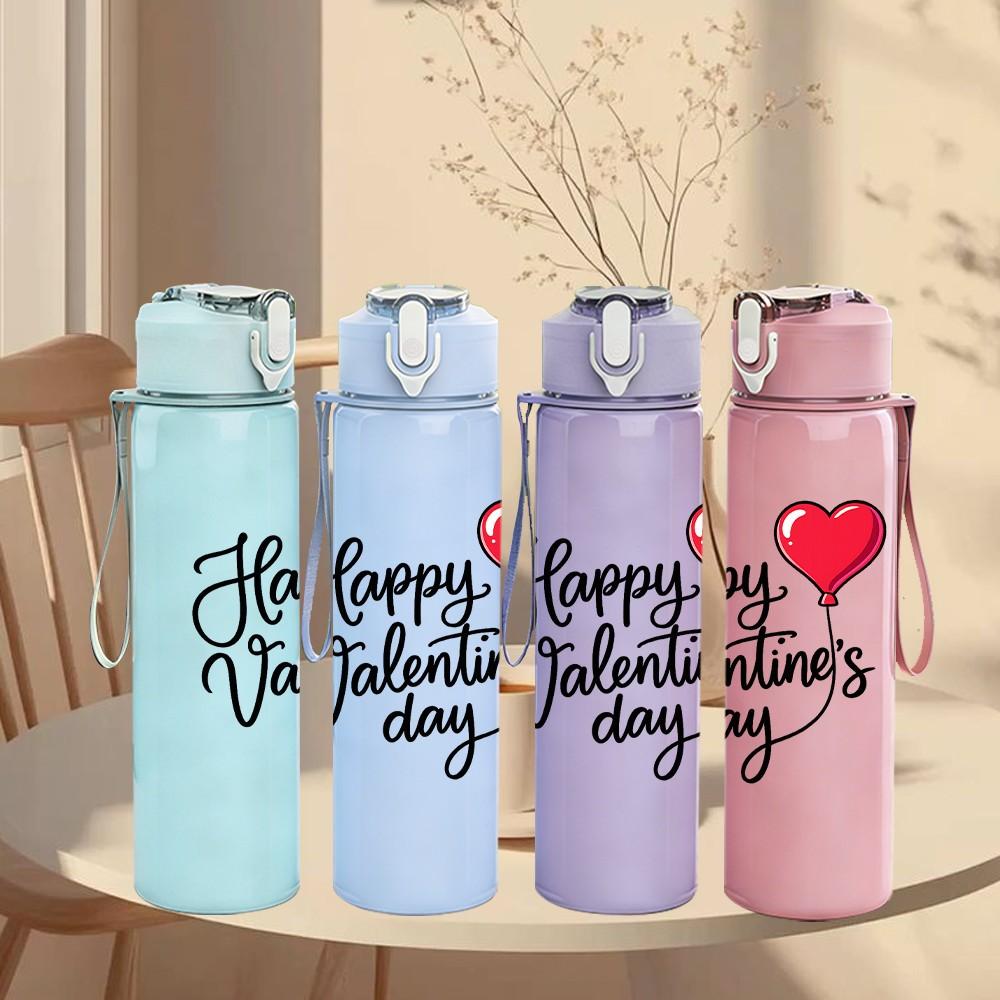 1PC Happy Valentines Day Heart Print 750ml Color Plastic Sports Water Bottle Leakproof Flip Straw Lid Suitable for Sports Office Home Use