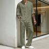 Mens Linen Blend Shirt Set Long Sleeve Top Pants Retro Stand Collar Casual Outfit