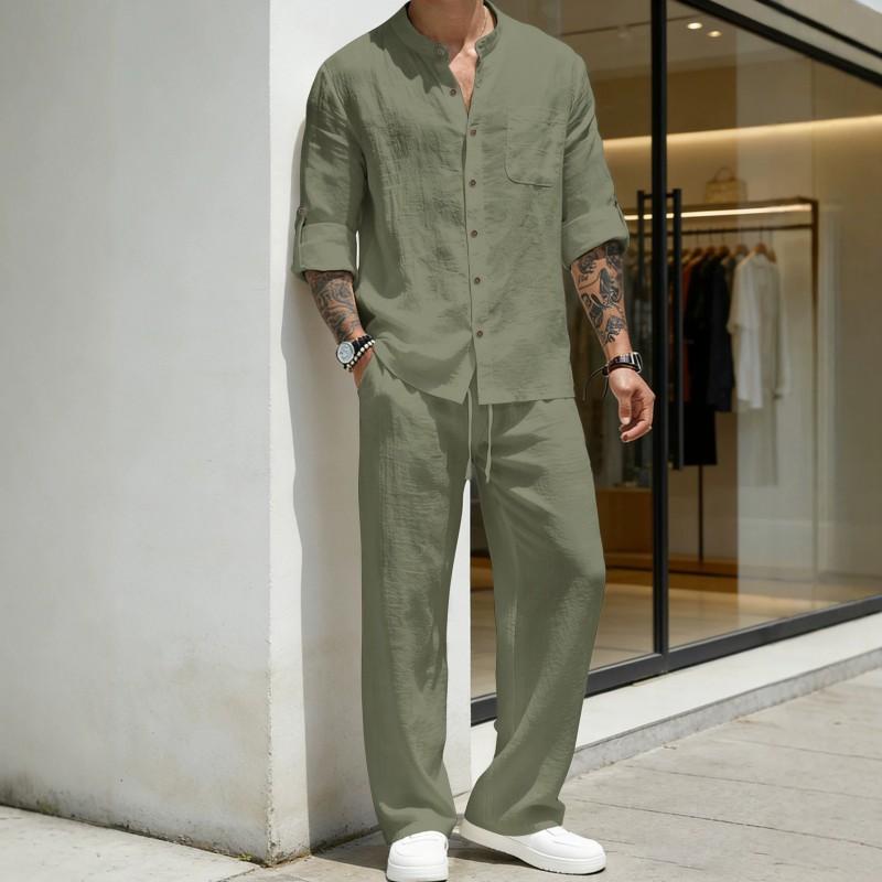 Mens Linen Blend Shirt Set Long Sleeve Top Pants Retro Stand Collar Casual Outfit