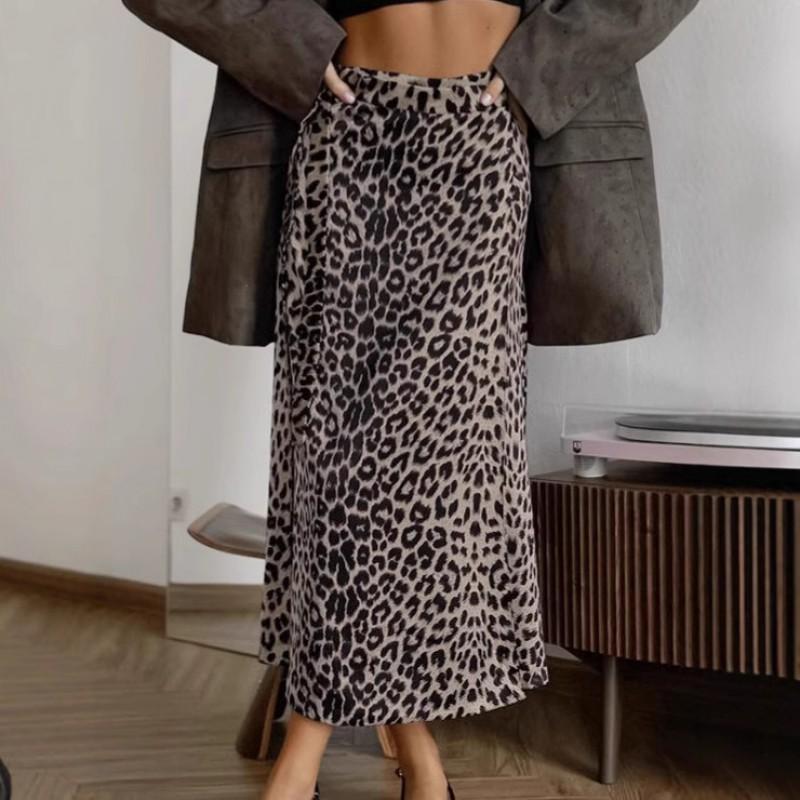 French Style Wrap Midi Skirt Leopard Print Straight Split Elegant Womens