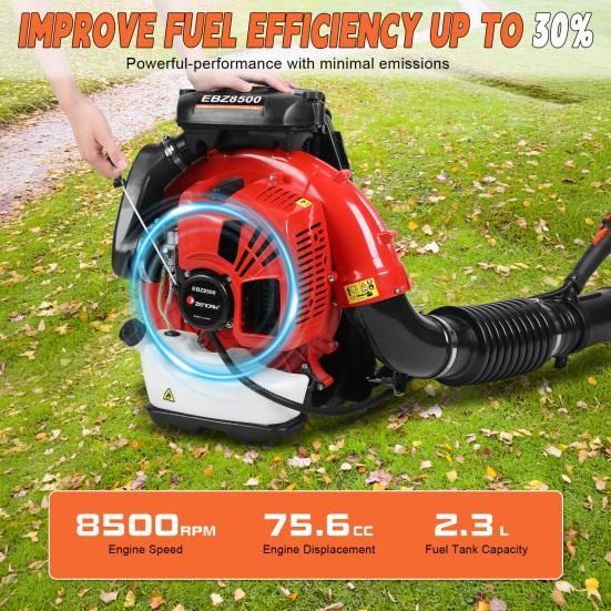 Backpack Gas Leaf Blower, 75.6cc 2 Stroke Engine, 850CFM, 200MPH, High Power Gasoline Leaf Blower, 2.3L Fuel Tank, Ergonomic Blower for Leaf, Sand,