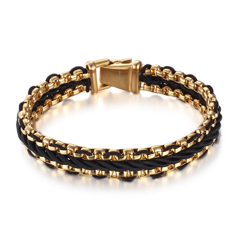 KALEN Fashion Gold Plating Stainless Steel Charm Bangle Leather Bracelet for Men KB76206-BD 22 CM&TRENDY
