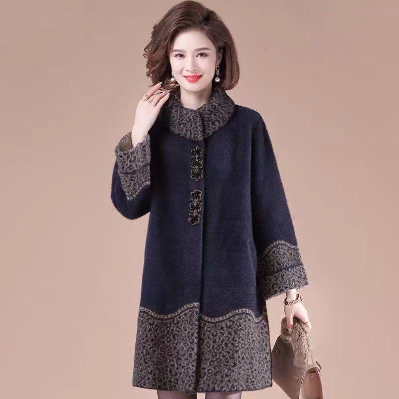 შემოდგომის დიდი ზომის ბეწვის ქურთუკი საშუალო ასაკის ქალებისთვის, დამზადებული წაულას კაშმირის ტანსაცმლისგან