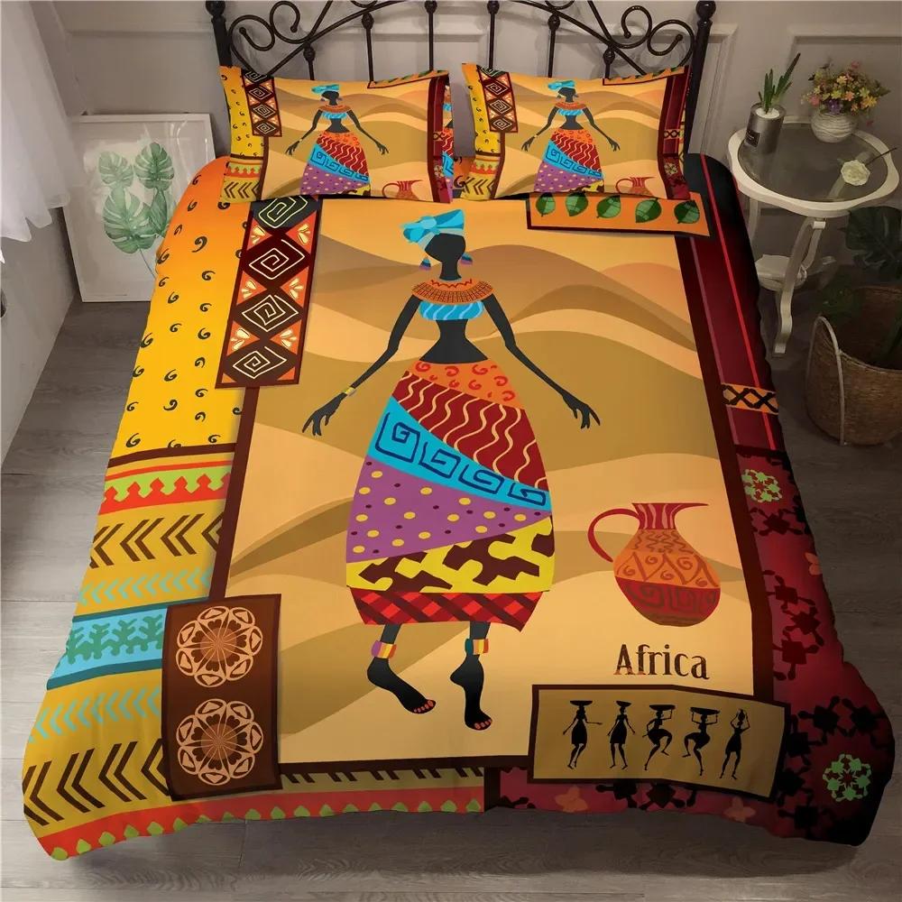 African Woman King Queen Duvet Cover Retro Exotic Tribal Black Girl Pattern Bedding Set Africa Polyester Quilt Cover Pillowcase