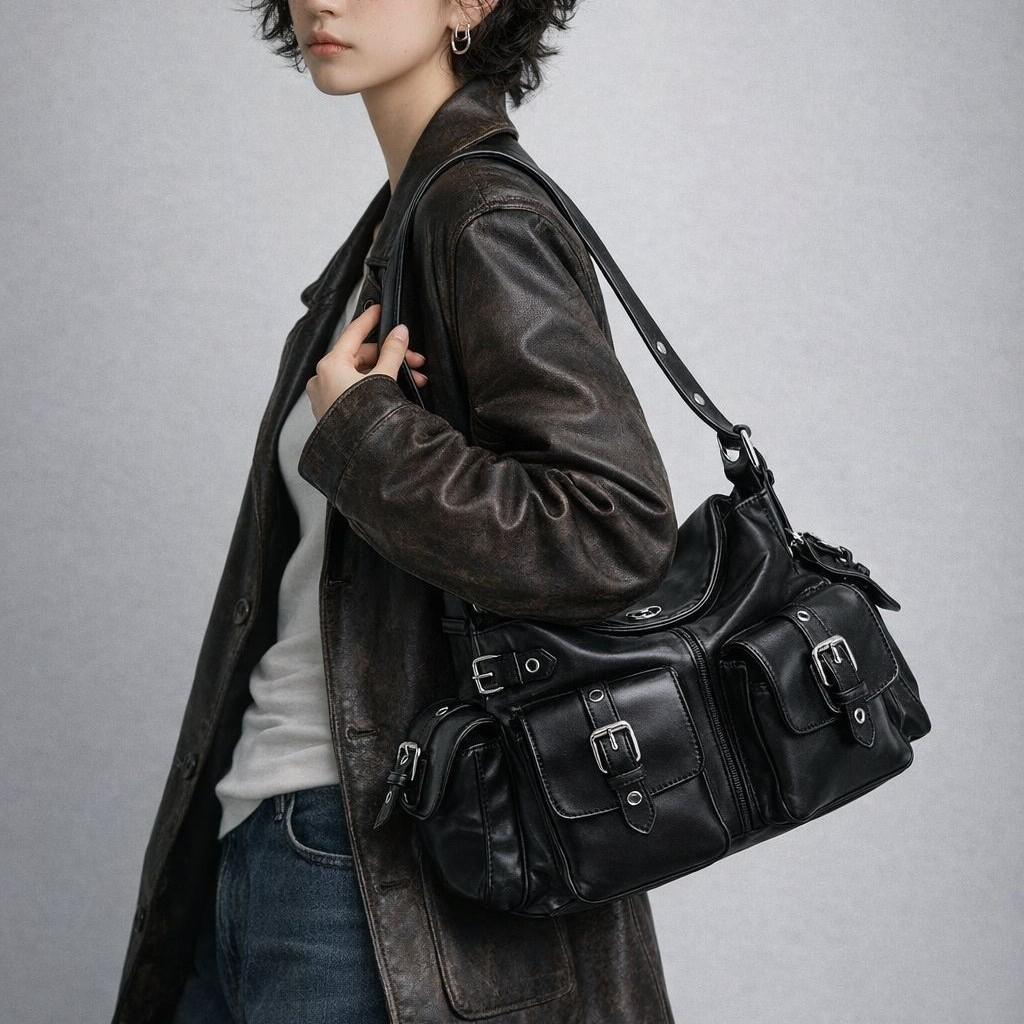 Large Capacity Multi Pocket PU Women's Underarm Shoulder Bag New Fashi Persality Y2K Motorcycle Crossbody Bags for Woman