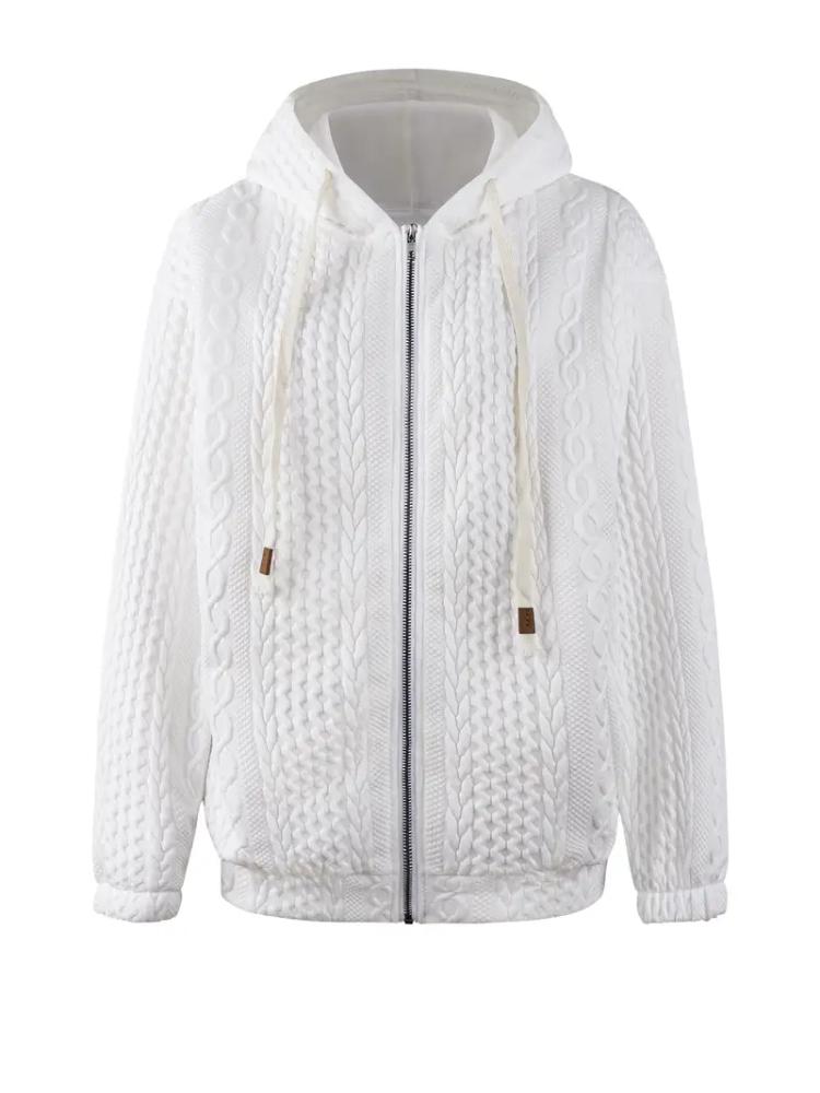 Women's Casual Hooded Sweatshirt - White Textured Pullover with Adjustable Drawstring Hood, Front Zipper & -Like Patches, Sweater Hoodie