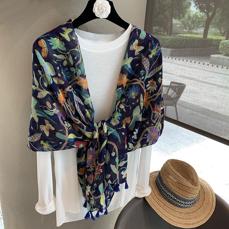 Ethnic style scarf fashionable retro travel beach seaside vacation style versatile sun protection with flowers and birds personalized shawl