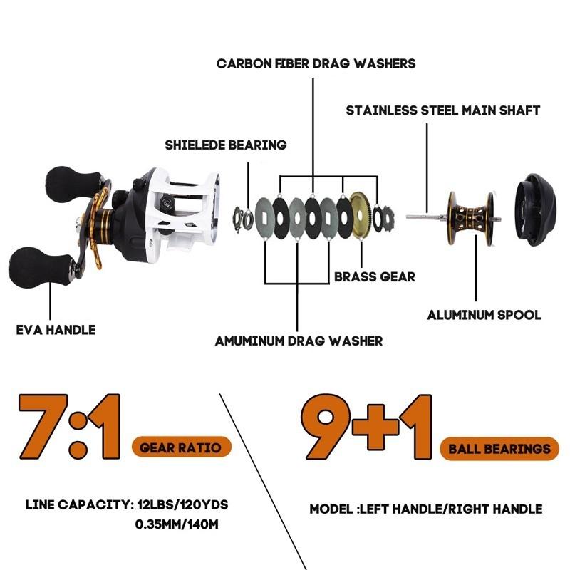 Baitcasting Fishing Combos Set Carbon Fiber 4 Section  Power Casting Rod 9+1 BB Bass Fishing Tackle
