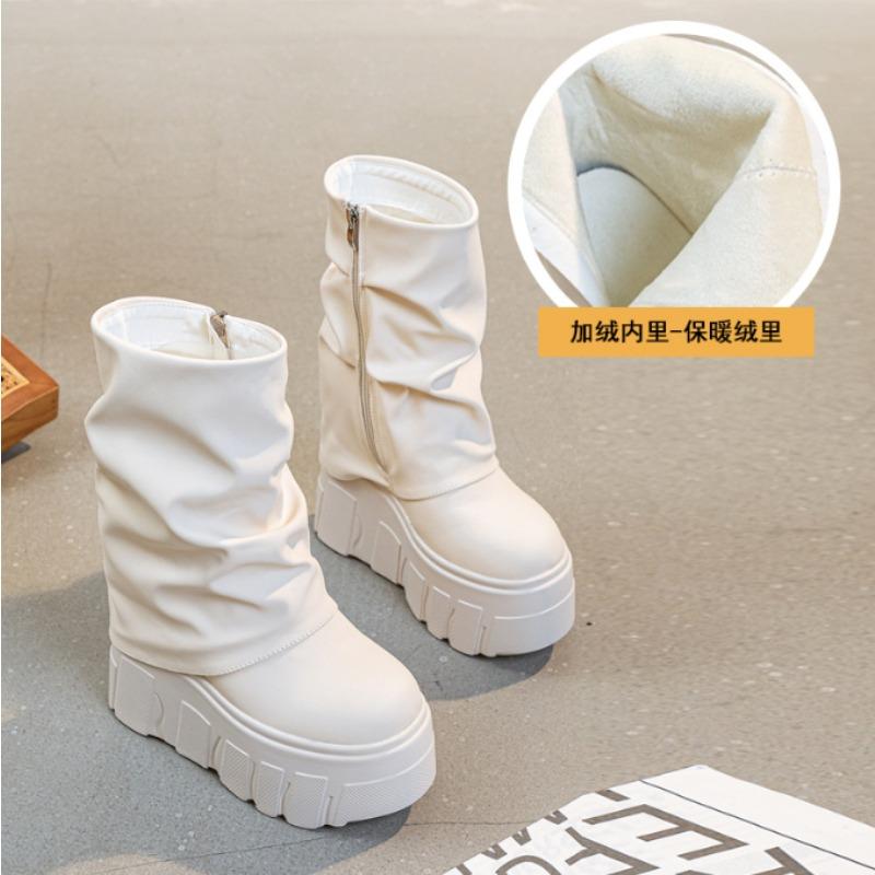 14CM Winter Women High Heels Shoes Belt Buckle Ladies Elegant Platform Flat Short Booties Casual Women's Ankle Boots