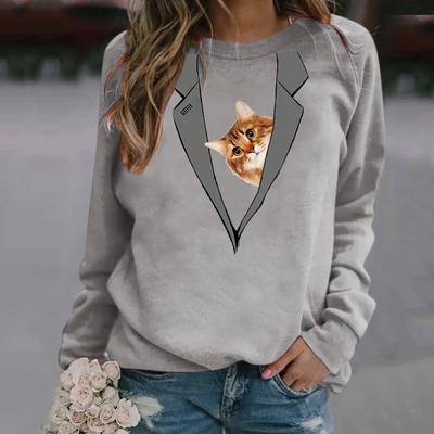 Frauen Langarm Rundhals Pullover T-shirt Katze Print Pullover Bluse Bottoming Shirt
