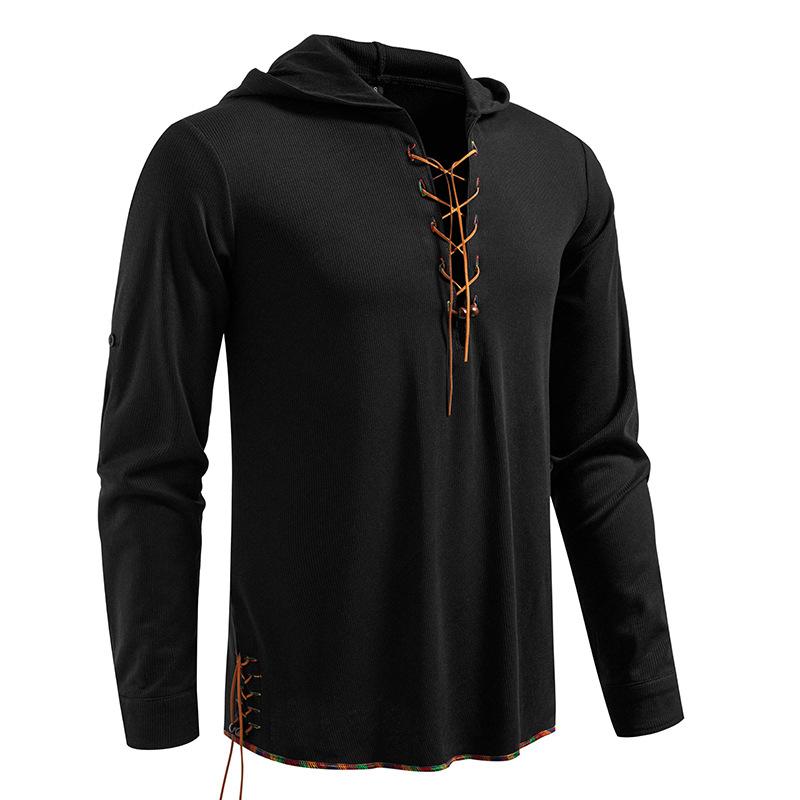 Men's Lace-Up Hooded T-Shirt Casual Retro Top for Men Spring Autumn Fashion Adjustable Sleeve Multi-Color Male Blouse