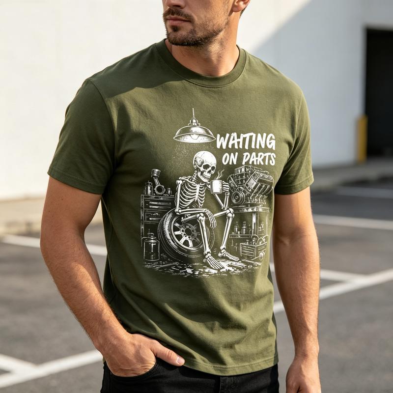 Vintage Skeleton Mechanic T Shirt Unisex Waiting on Parts Graphic Casual Cotton Short Sleeve Tee Y2k Top Harajuku Summer