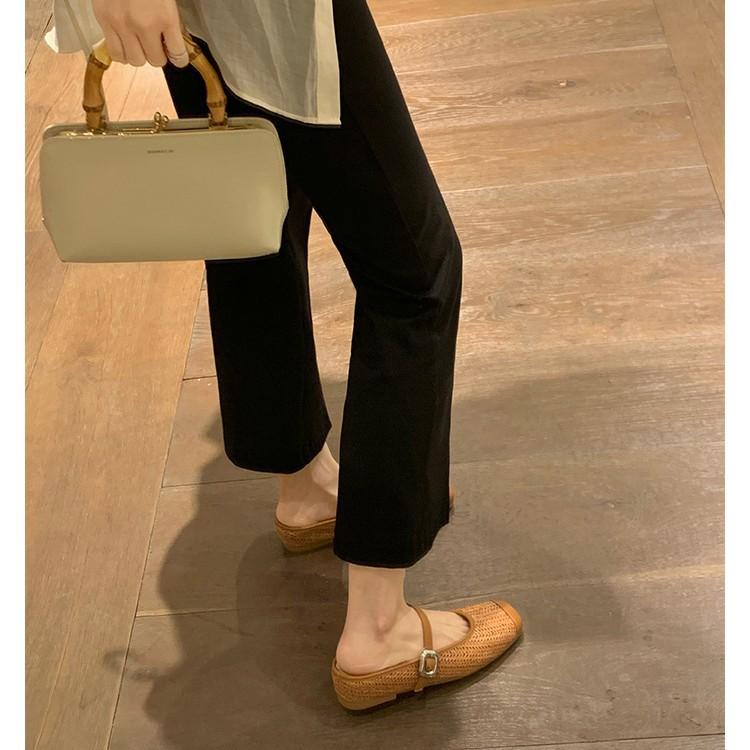 ~ Height increase of 5cm~ Holiday style straw woven square head sandals lazy half drag female summer