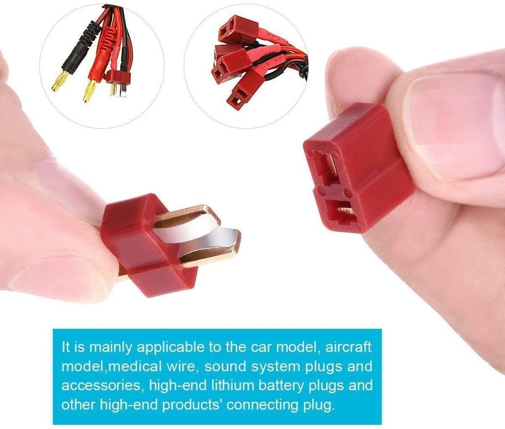 Set of 10 T-Plug Deans-Style Connectors Male & Female | Includes 20 Heat Shrink Tubes | For RC Cars, Boats, Helicopters, 7.4V LiPo Batteries | Red