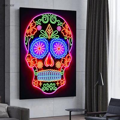 Neon Wall Art Skull Head Posters Day of The Dead Canvas Print Painting Pop Street Wall Art Picture for Home Bar Room Decor