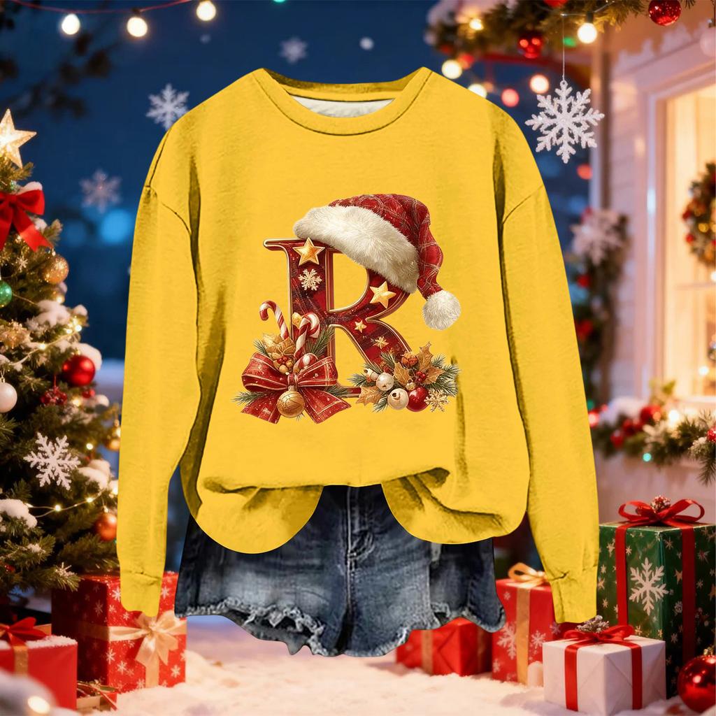 Damen Modisches Lässiges Langarm-Weihnachts-Sweatshirt mit Buchstaben-Print und Rundhalsausschnitt