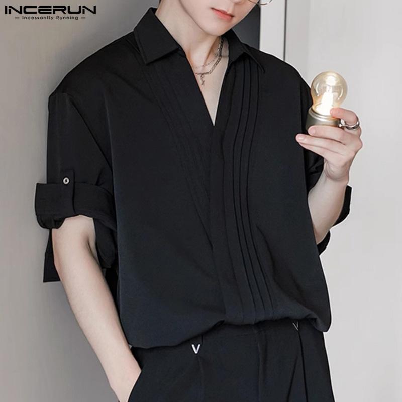 INCERUN Men Short Sleeve Pleated Shirts Casual Front Cross Solid Tops