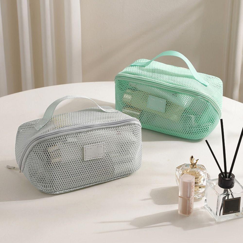 Solid Color Mesh Cosmetic Bag Zipper Toiletry Storage Bag Portable Makeup Pouch  Women/Girls