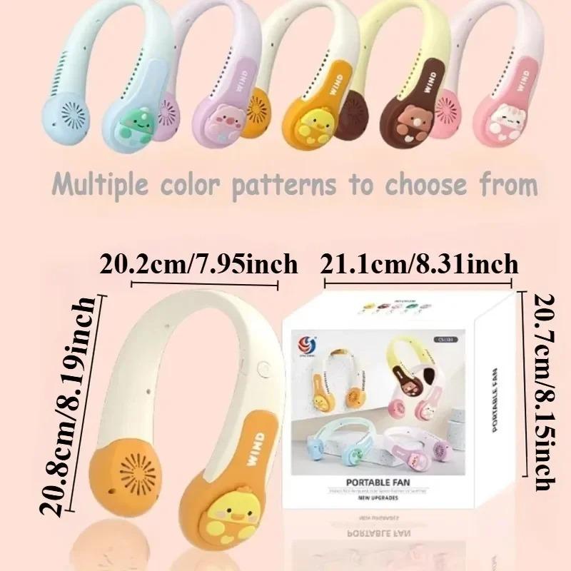 Cartoon Kids Neck Fan Bladeless Neck Fan for Kid Animal 1200mAh Portable Rechargeable Cooling Fan for Girls 3 Speeds Lightweight