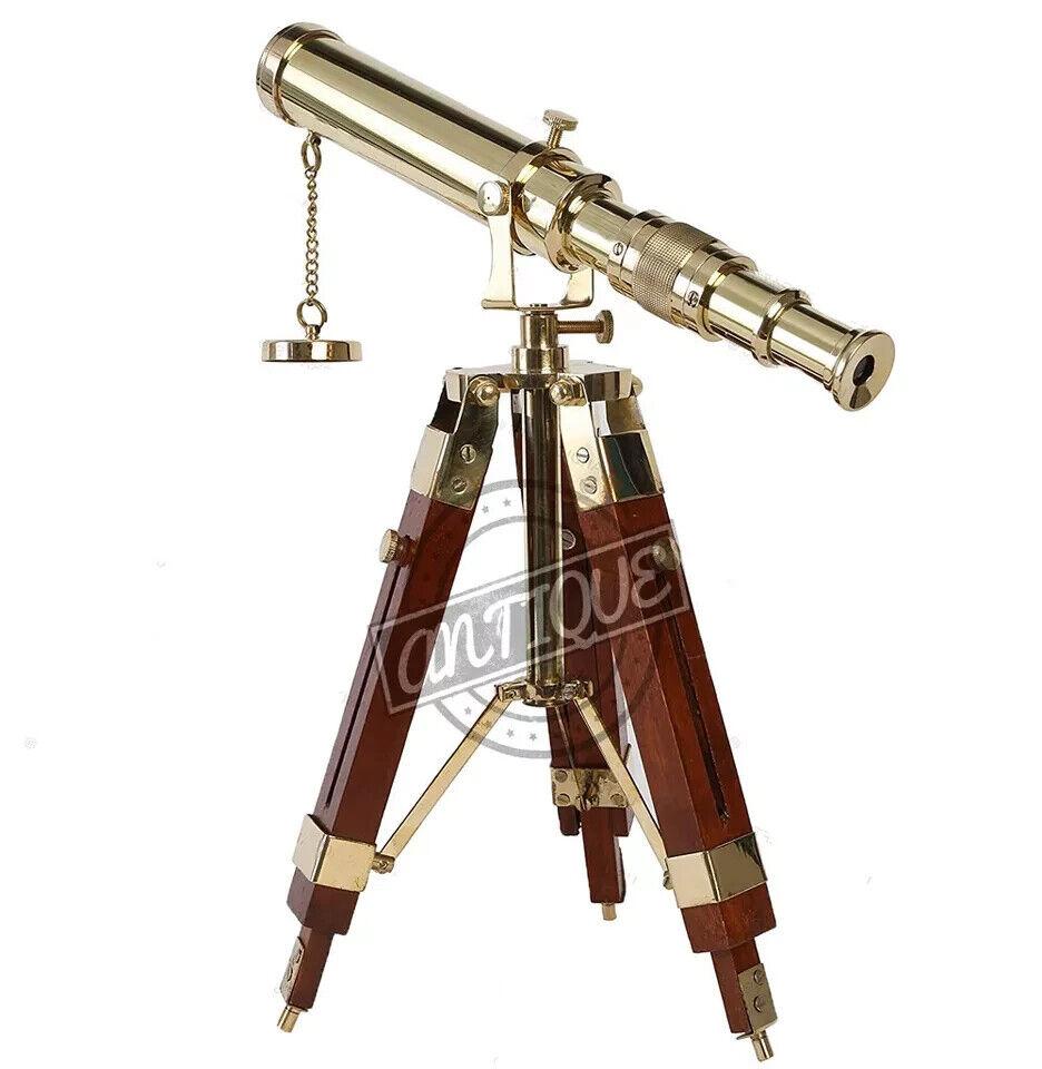 Telescope w/ Wooden Tripod Vintage Antique Nautical Decorative Gift Solid Brass