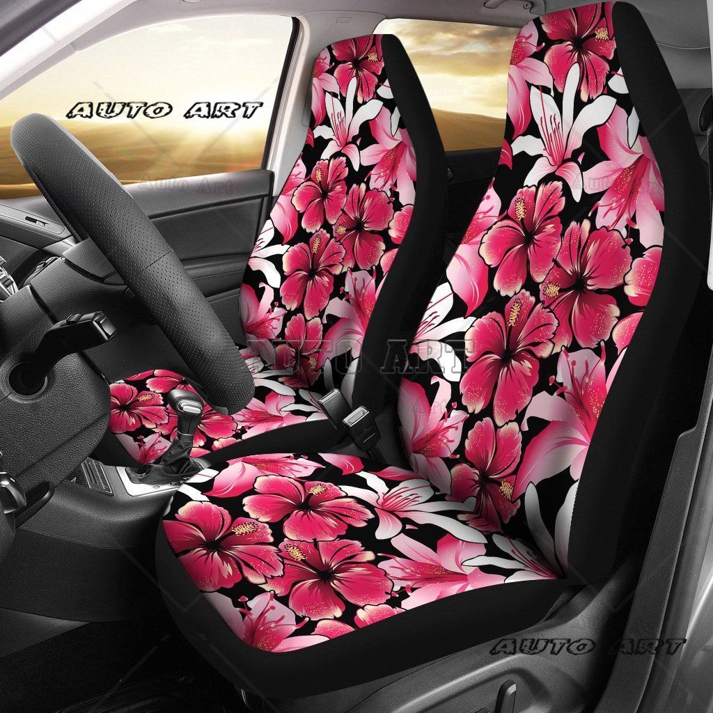 Set di Coprisedili per Auto con Fantasia Floreale Hawaiana di Ibisco Bianco Universali per la Maggior Parte dei Modelli di Auto e SUV
