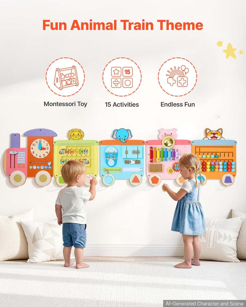 VEVOR Wall Busy Board, 18-in-1 Train Montessori Sensory Activity Panels, Learning Activity Center for Daycare, Classroom, Playroom, and Home
