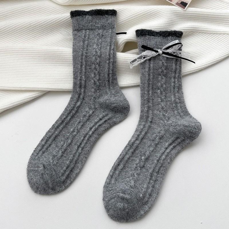 Female Cartoon Puppy Socks with Bow, Grey Mid-calf Socks, Versatile for Winter, Thick Woolen Warm Stockings