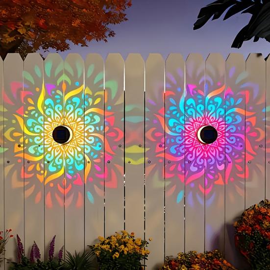 Solar Wall Light, 7 Color Changing Metal Fence Lamp with Projection, Outdoor Waterproof Garden Light for Yard Patio Column Decor