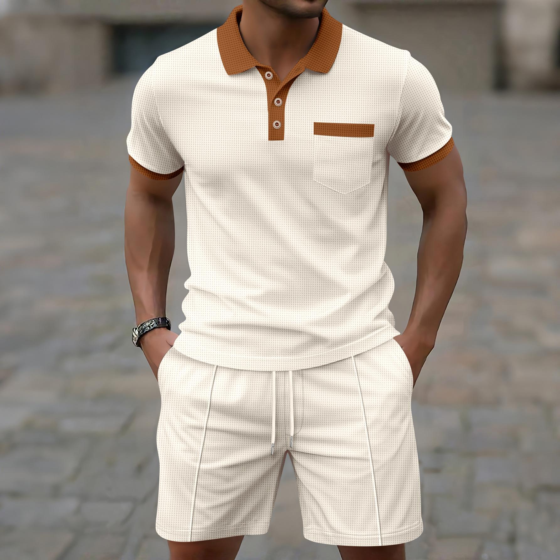 

Men s Casual Polo Shirt and Shorts Set, White with Brown Trim, Summer Outfit, Breathable Comfort S хаки