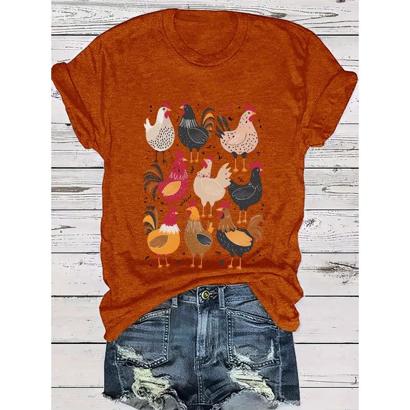 Zomerse Dames T-shirt met Kippenprint, Nauwsluitend, Ronde Hals