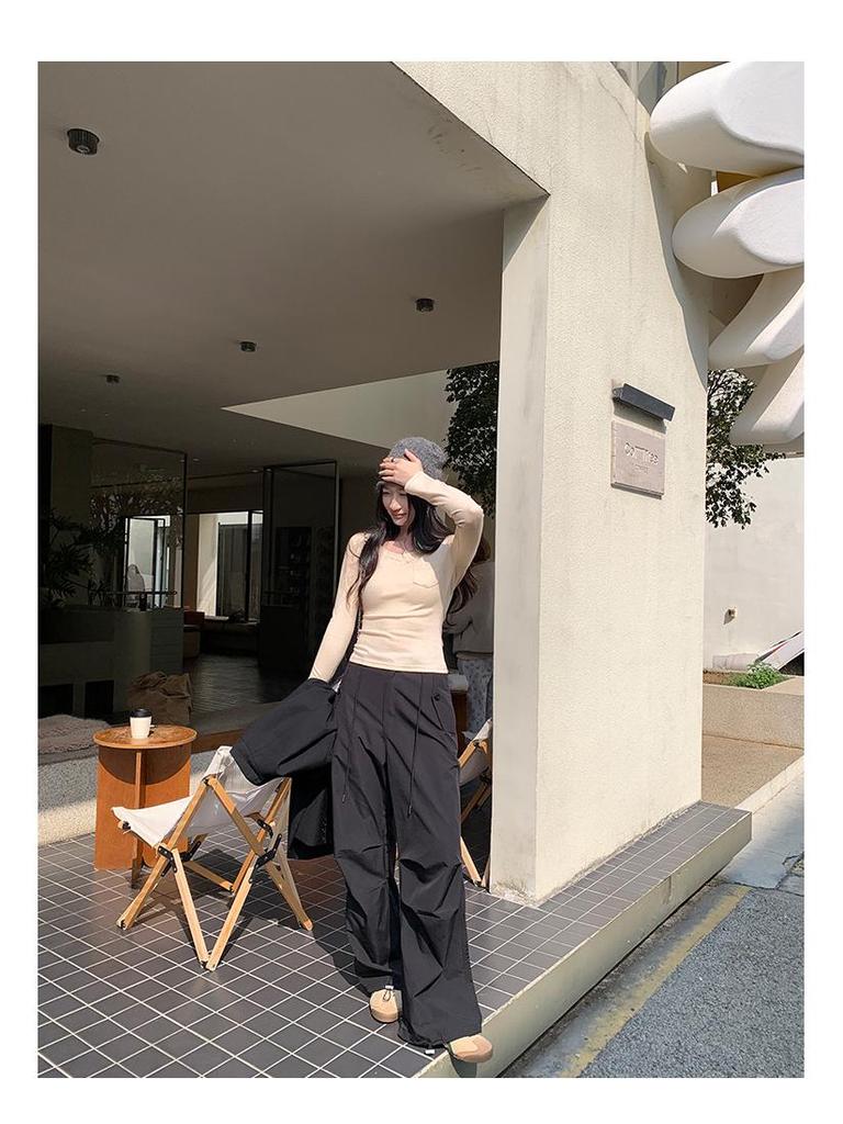 Korean Style Pink V-Neck Slimming Cropped Long Sleeve Women's Top - Autumn/Winter Collection