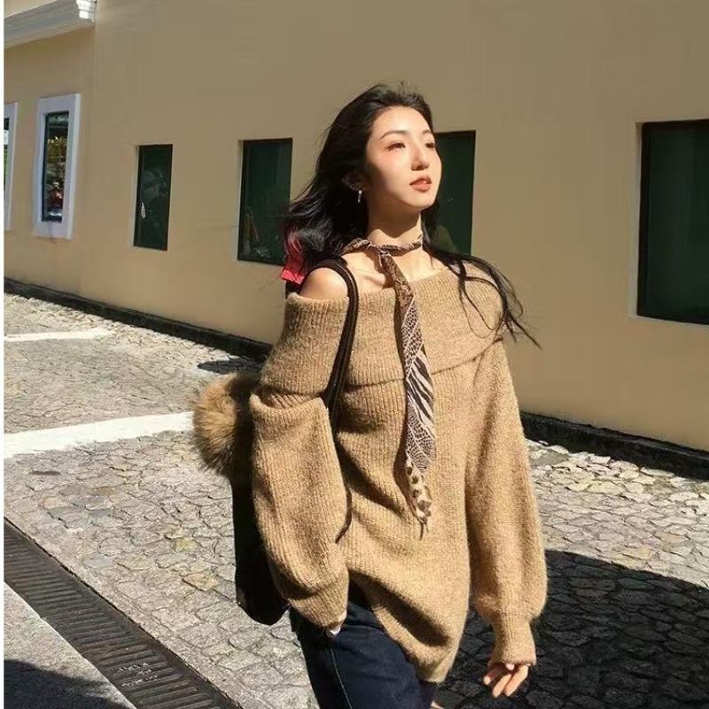 Spice Girl's New One-word Neck Sweater Autumn and Winter Temperament Lazy and Loose Off-the-shoulder Medium and Long Top Knitted Sweater