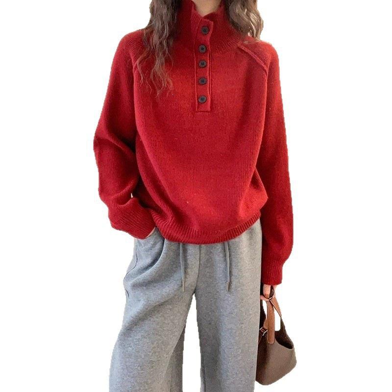 2026 Women's Fashionable French Knit Button-Design Sweater with Half-High Collar