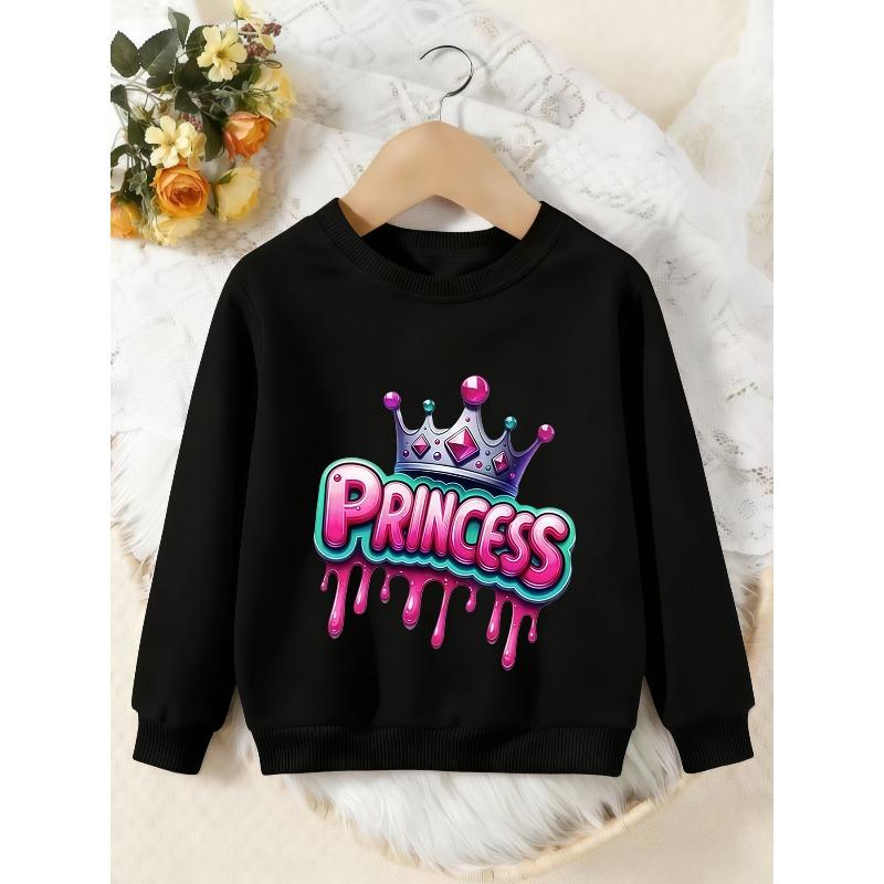 Girls Crewneck Sweatshirt, Drip Graffiti Princess Crown Print Long Sleeve Pullover, Cute Girly Casual Sweatshirt For Kids Over 4 Years Old