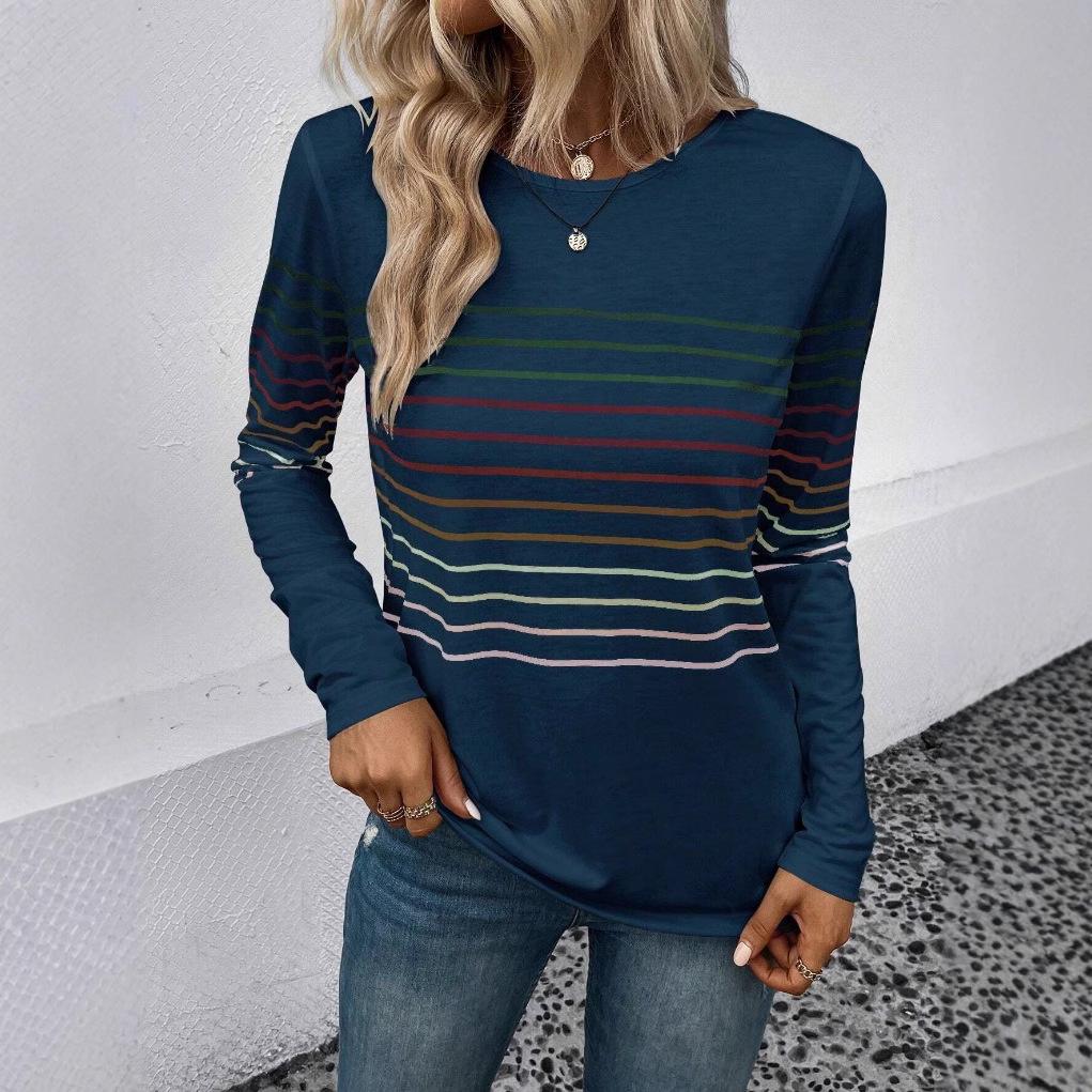 Autumn/Winter 2023 Women's Striped Crew Neck Long Sleeve T-shirt - European and American Fashion.