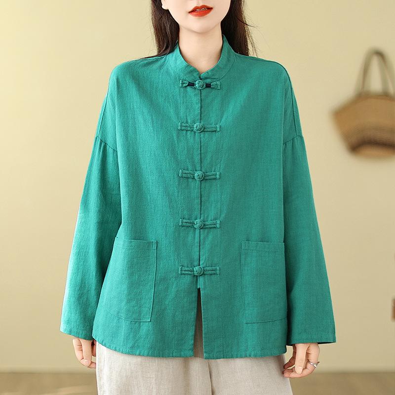 2026 Women's Loose Cotton Linen Shirt - Artistic Retro Chinese Style for Spring & Autumn