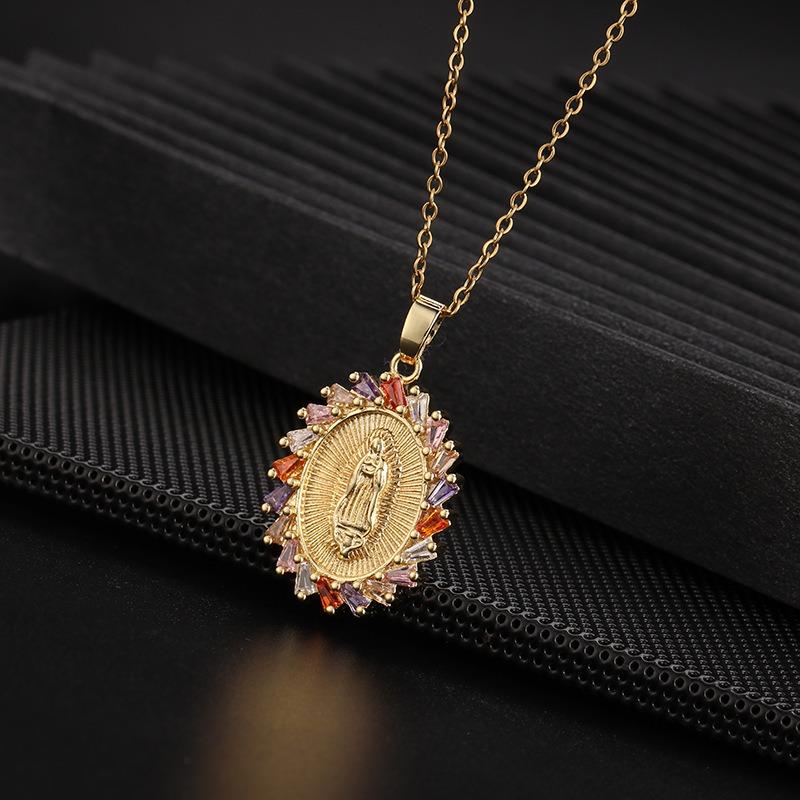 European and American Fashion Micro inlaid Color Zircon Pendant Women's Jewelry Virgin Mary Necklace