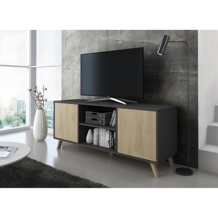Meuble TV 140, salon, WIND, couleur Gris Anthracite-Chêne, 140x40x57cm, RF616