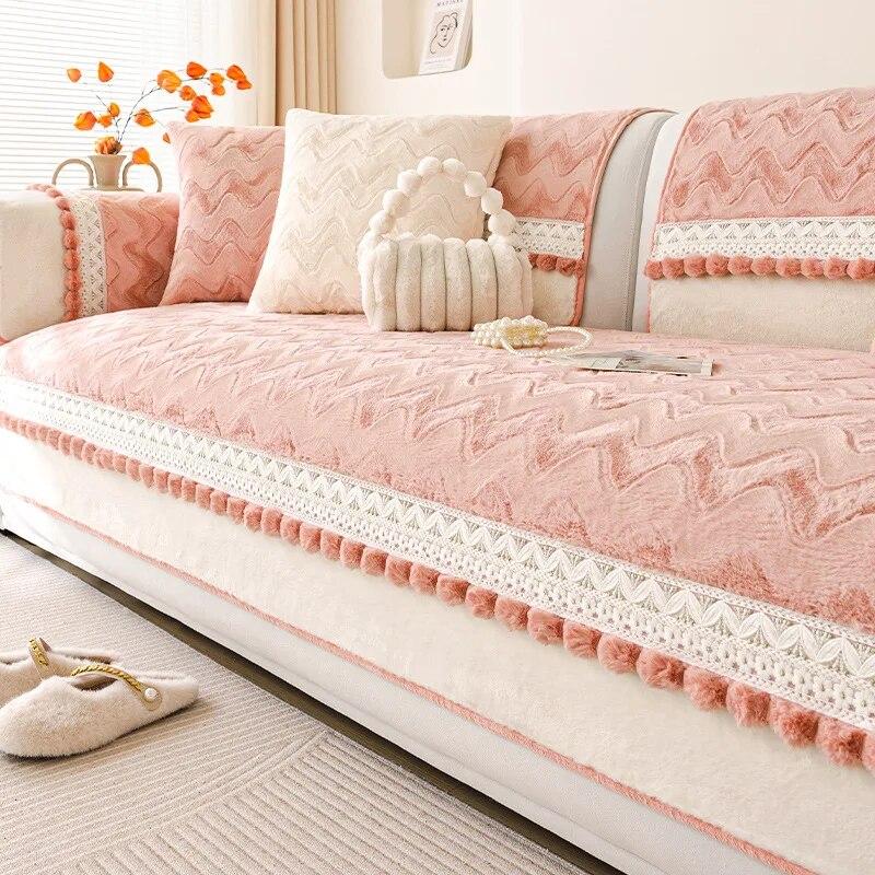 French Cream Style Sofa Cushion Autumn and Winter Plush Anti Slip Sofa Cover