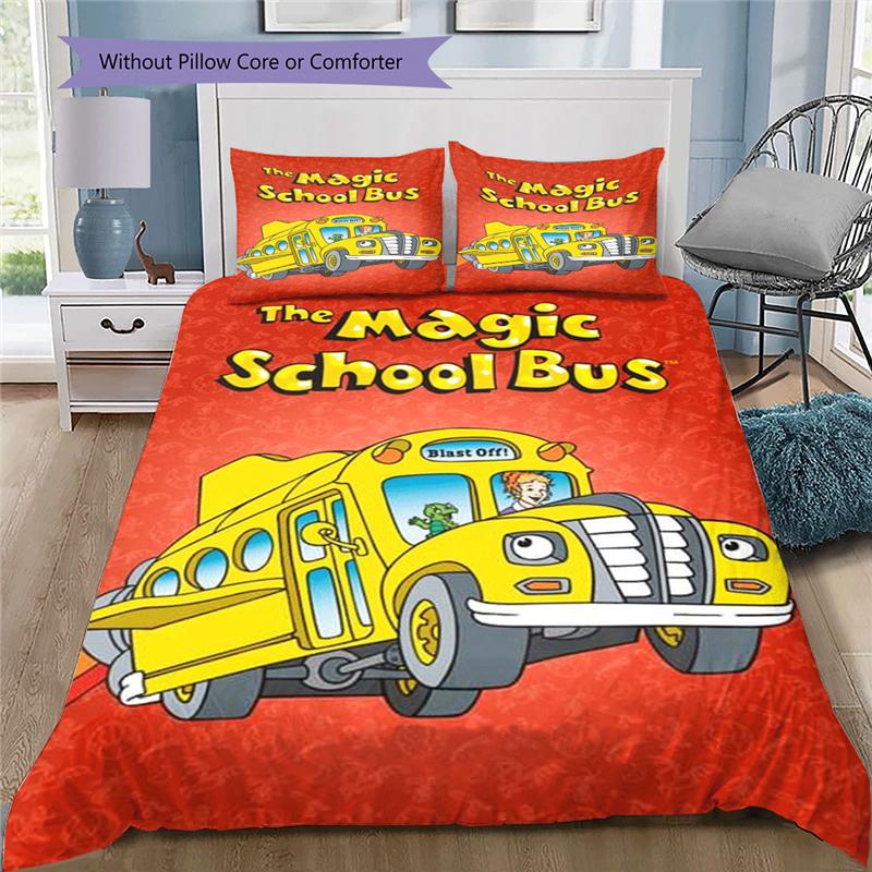 The Magic School Bus Cartoon Pattern Duvet and Pillowcases,1 Duvet Cover with 2 Pillowcases, No Core,Son Gift,Daughter Gift