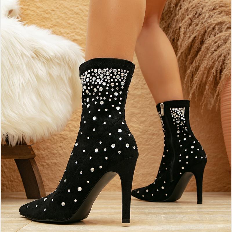 Fashion High Quality Women's Shoes Fashion Sexy Crystal Woman Ankle Boots Pointed Toe Side Zipper High Heels Women Boots Botas De Mujer