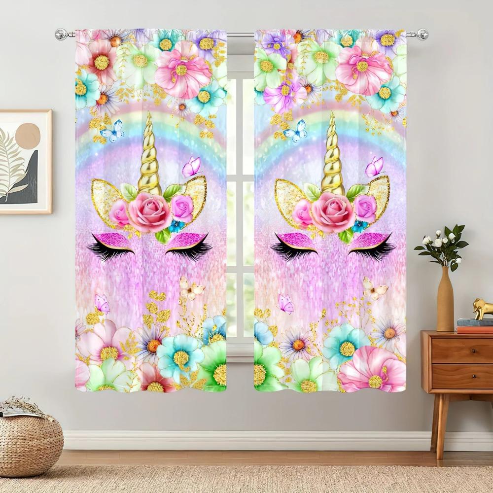 Pink Unicorn Print Curtains, Kids Gift Bedroom Decoration Curtains, High Quality Semi-Blackout Curtains, Home Decoration 2PCS