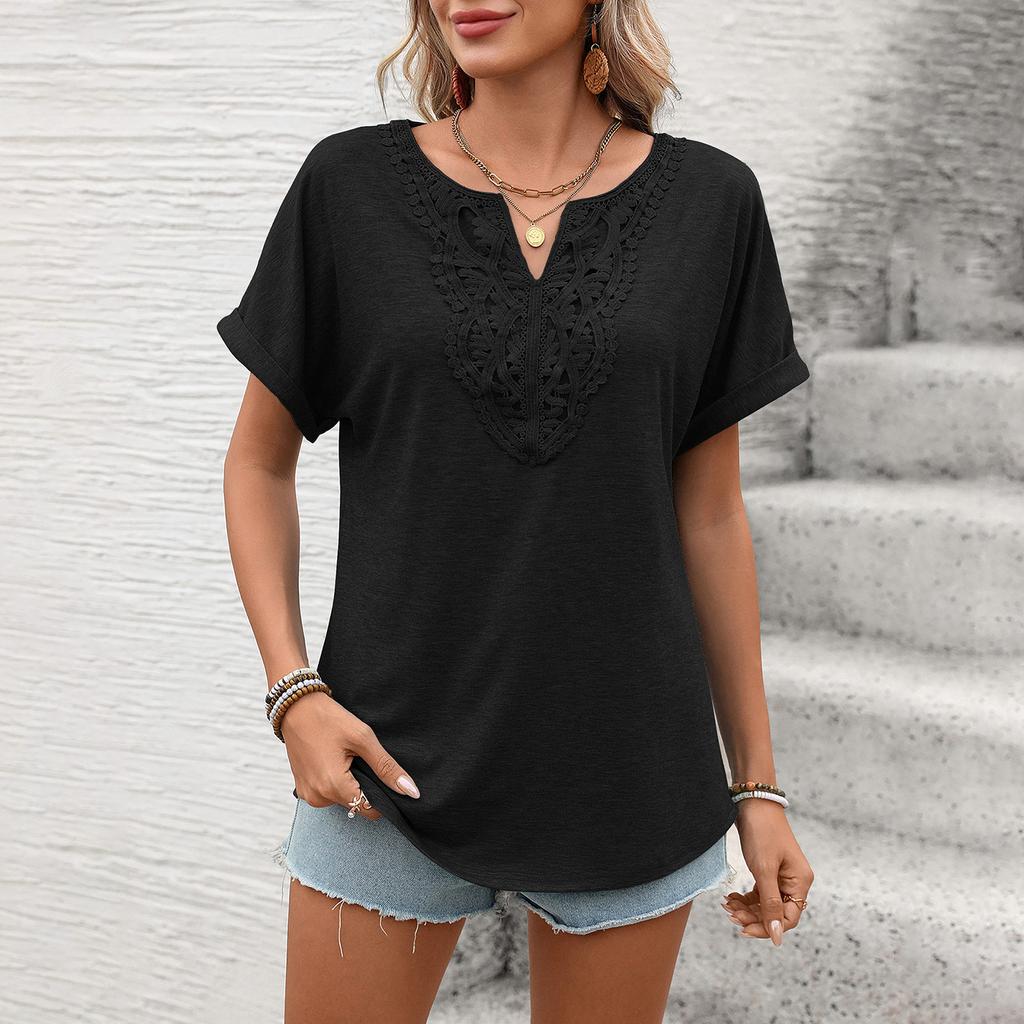 Women V Neck Short Sleeve Top with Embroidered Front Casual Loose Fit Bohemian Style Lightweight Summer Shirt Blouse
