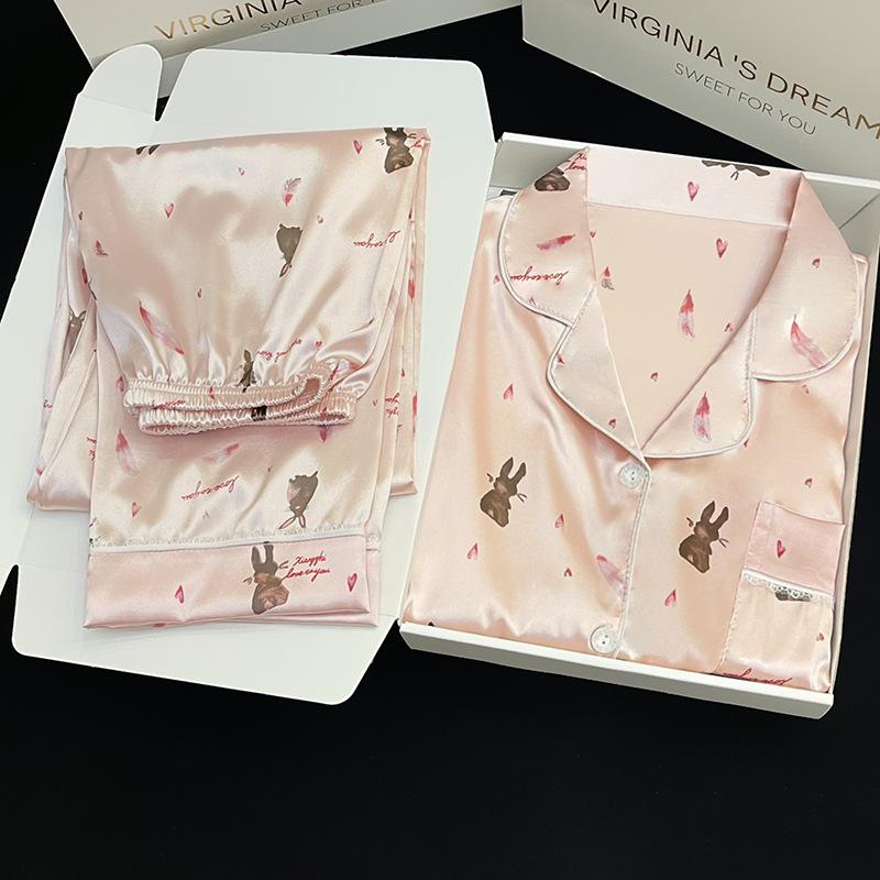 

Пижама Женский Весенне-Летний Костюм Брюки с Длинным Рукавом Ледяной Шелк Французский Милый Кролик Домашняя Одежда Реальное Фото 2XL