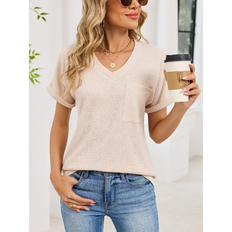 2026 Summer New Loose Women's V-Neck Waffle Pocket Short Sleeve Casual T-Shirt